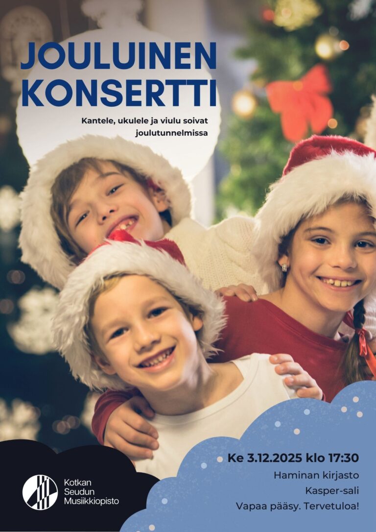 jouluinen konsertti, kolme iloista lasta nauraa tonttuhatut päässä