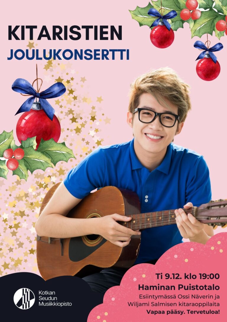 konserttijulisteessa iloinen kitaransoittajapoika ja taustalla joulukoristeita