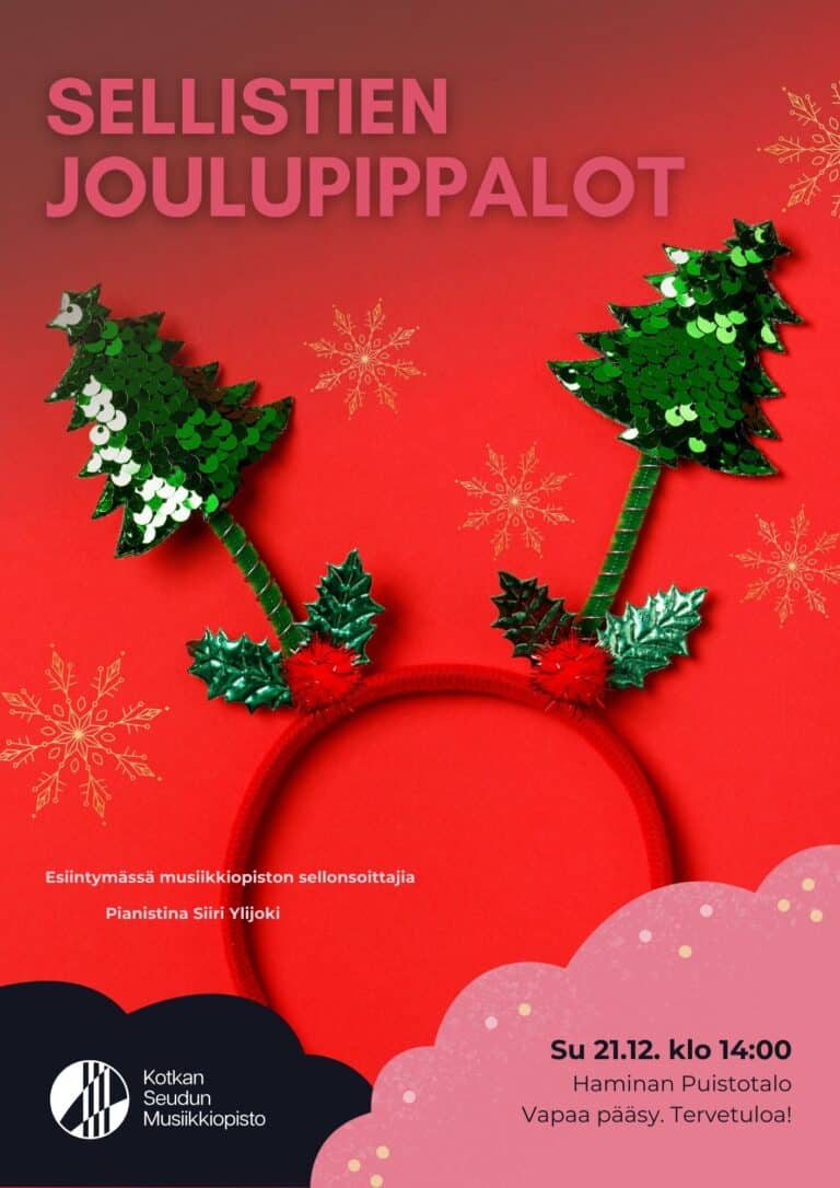 hiuspanta jossa jouluiset kuusikoristeet punaisella taustalla