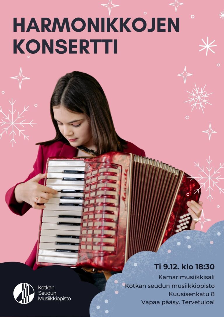 tyttö soittaa harmonikkaa vaaleanpunaisella taustalla