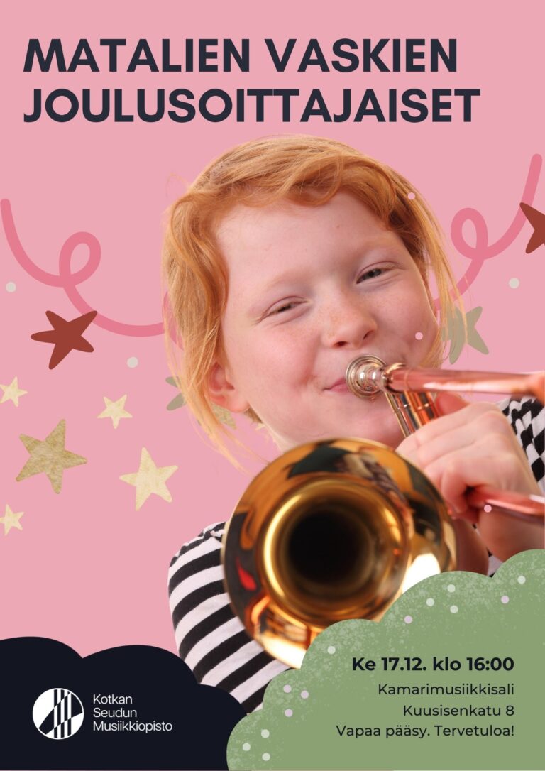 tyttö soittaa pasuunaa, vaaleanpunaisella taustalla tähtiä