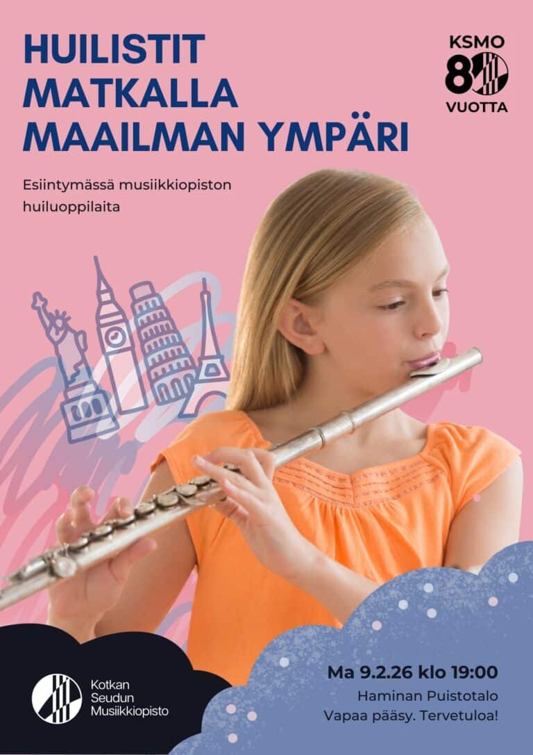 tyttö soittaa huilua, taustalla maailman nähtävyyksiä