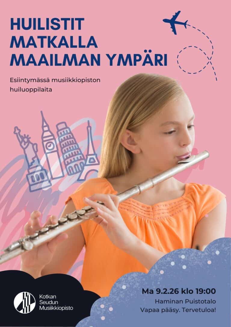 tyttö soittaa huilua, taustalla lentokone ja maailman nähtävyyksiä