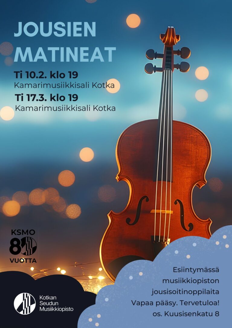 tummansinisellä taustalla valopilkkuja ja viulu