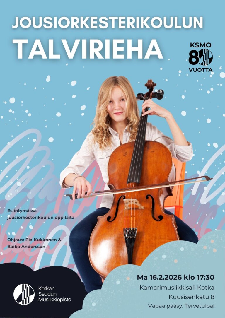 nainen soittaa selloa talvisella taustalla