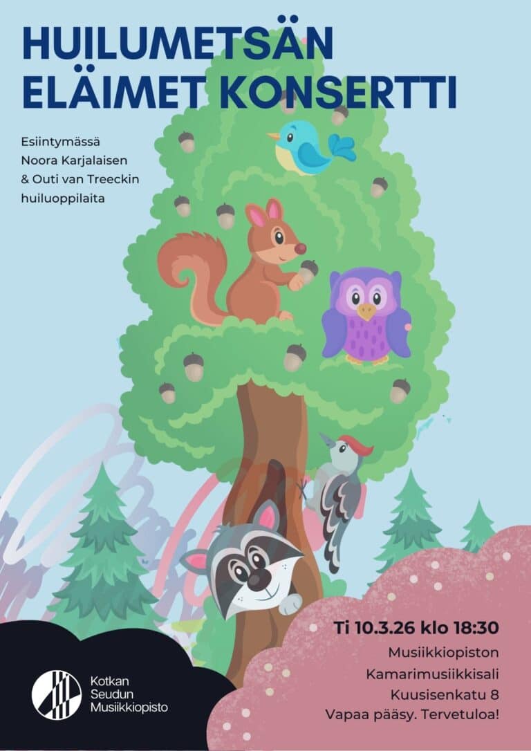 iso puu, jossa metsäneläimiä kuten orava, pöllö, tikka ja pesukarhu