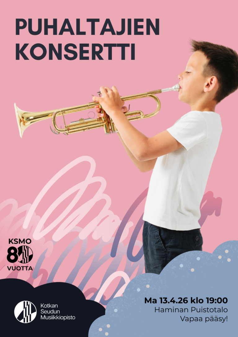 Poika soittaa trumpettia vaaleanpunaisella taustalla