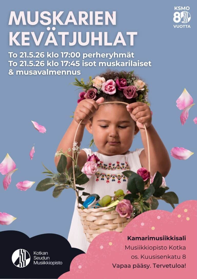 Kukkaseppeleellä koristeltu lapsi pitelee kukkakoria kädessään